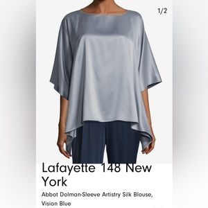 Lafayette 148 New York Woman Abbot Dolman Artistry Sleeve Blouse Vision Blue XL